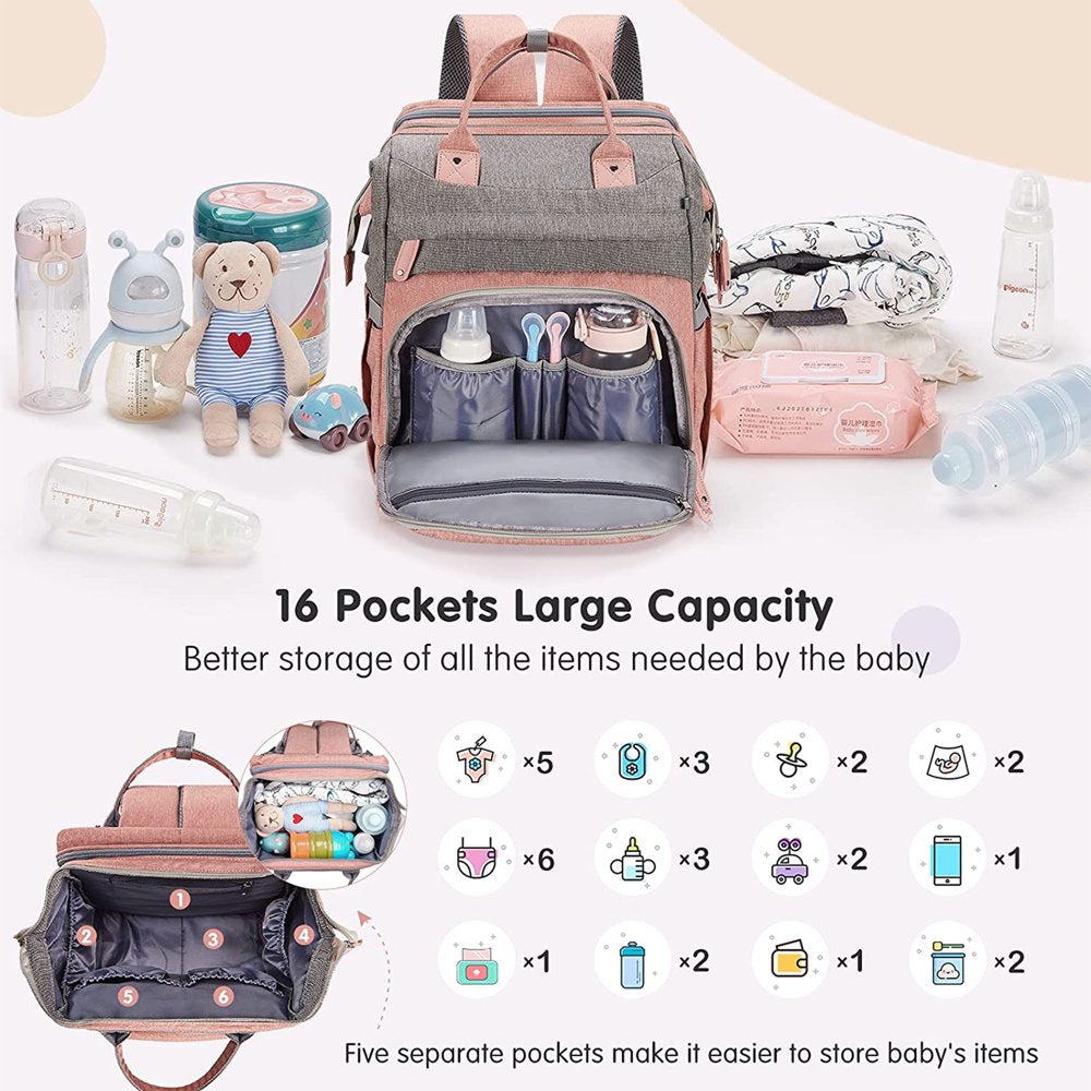 Baby Diaper Bag Backpack with Changing Station, Waterproof Changing Pad, USB Charging Port,Pacifier Case ,Pink Color