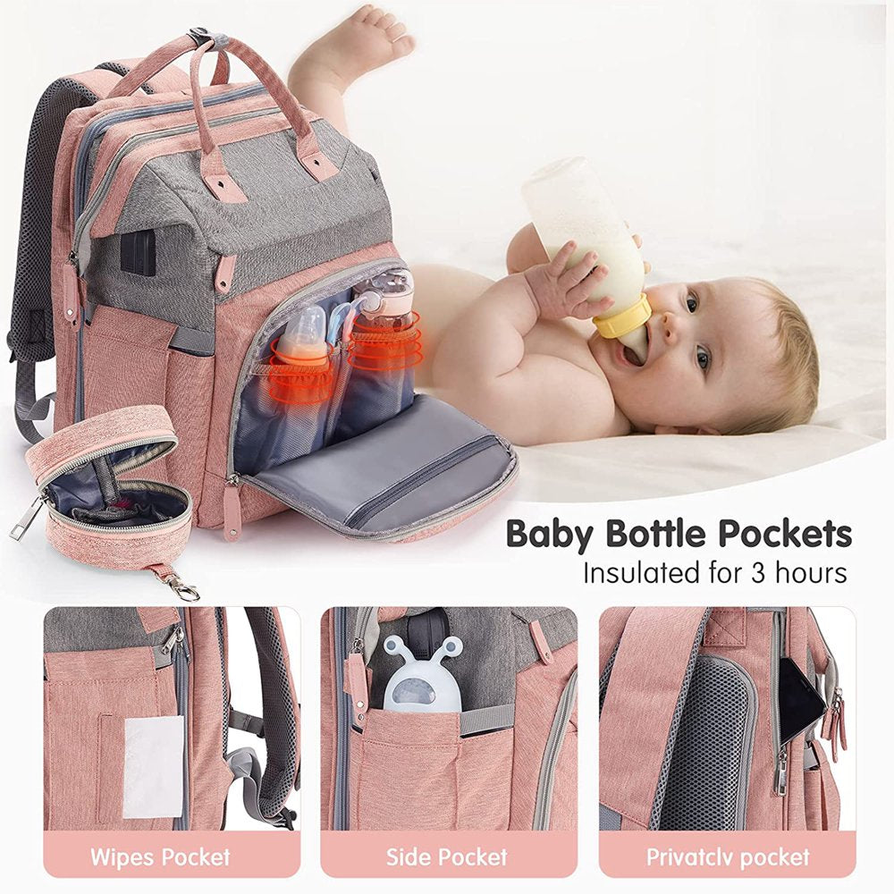 Baby Diaper Bag Backpack with Changing Station, Waterproof Changing Pad, USB Charging Port,Pacifier Case ,Pink Color