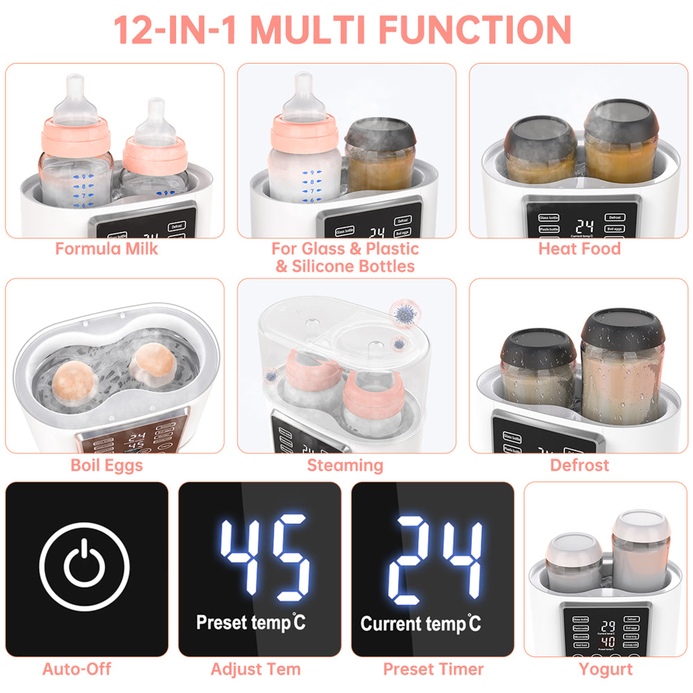 6-In-1 Bottle Warmer, Fast Baby Bottle Sterilizer Babies Food Heater & Defrost Bpa-Free, Double Fast Milk Warmer with Twins, LCD Display, Timer & 24H Temperature Control for Breastmilk & Formula