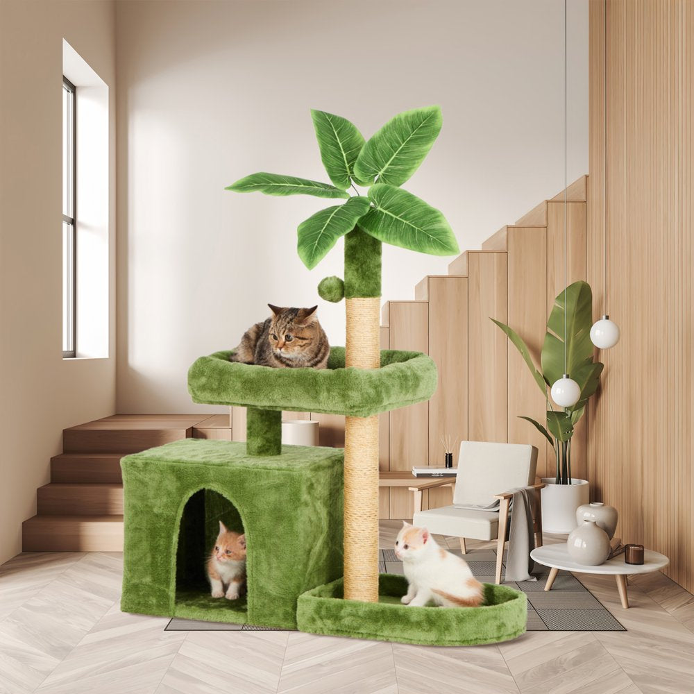 31.5" Cat Tree Cat Tower for Indoor Cats with Green Leaves, Cat Condo Cozy Plush Cat House with Hang Ball and Leaf Shape Design, Cat Furniture Pet House with Cat Scratching Posts,Grey