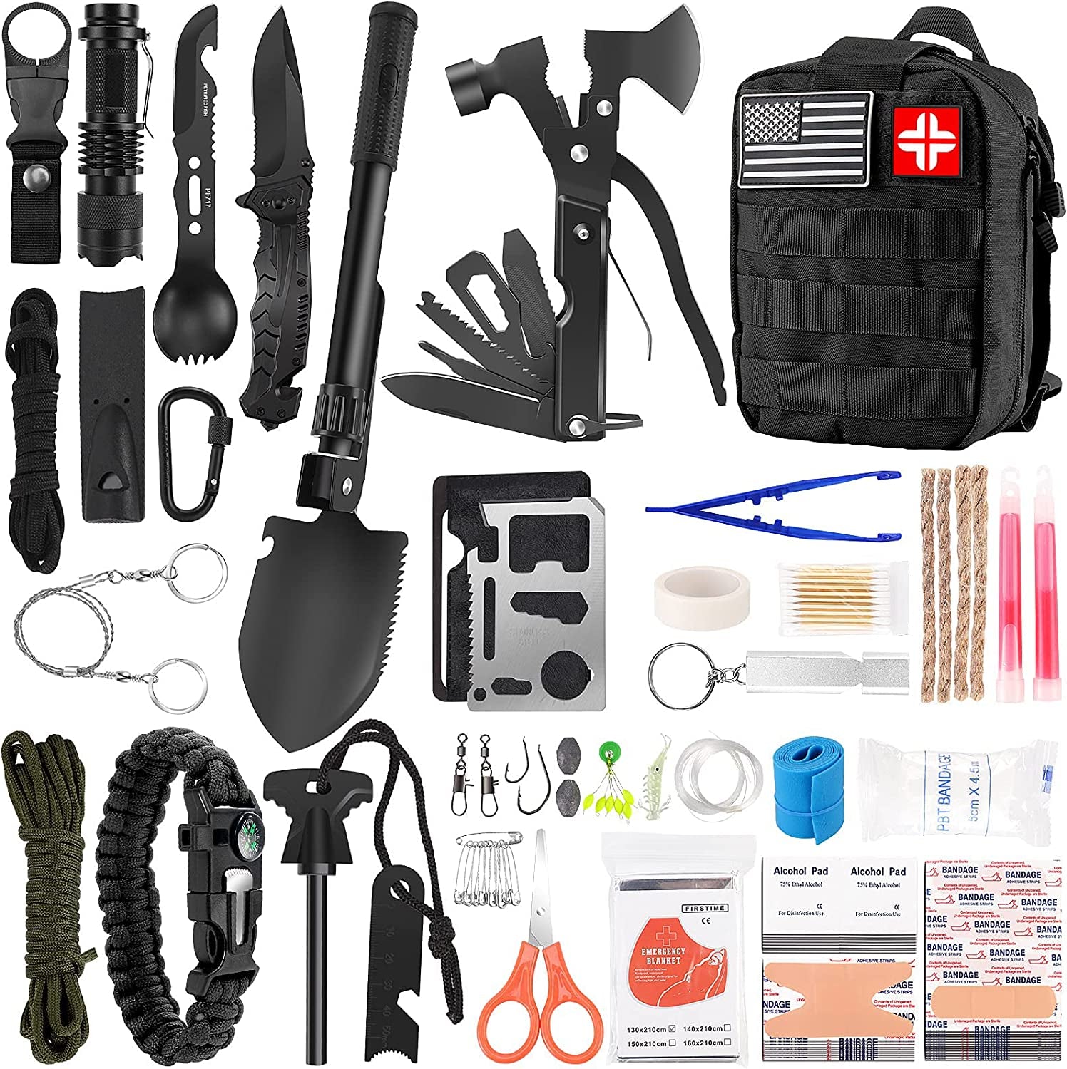 Survival Kit and First Aid Kit, 142Pcs Professional Survival Gear and Equipment with Molle Pouch, for Men Dad Husband Who Likes Camping Outdoor Adventure