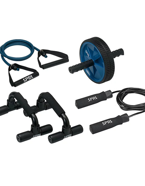 Load image into Gallery viewer, Home Gym Essentials Kit, Includes Jump Rope, Push-Up Bars, Ab Wheel and Medium Resistance Tube
